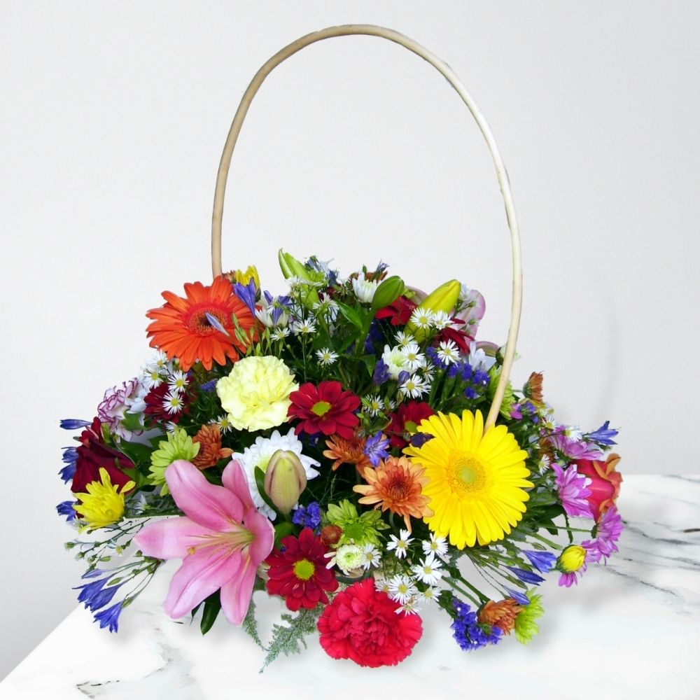 Batik Basket Thank You Flower Arrangement with Chrysanthemums Roses Gerberas and Lilies in a Basket