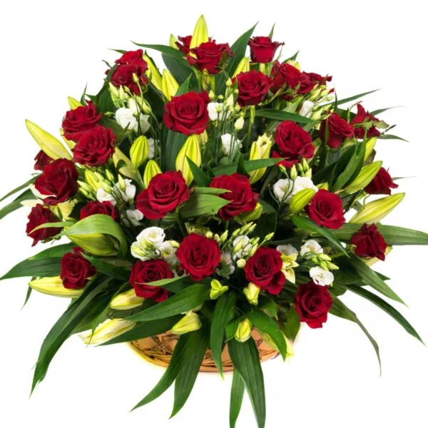Red Princess Valentines Day Flowers Lilies Roses Basket