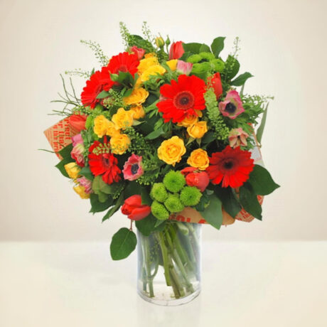 Bright and Vibrant Get Well Flower Arrangement with Orange Gerberas Yellow Roses and Greenery